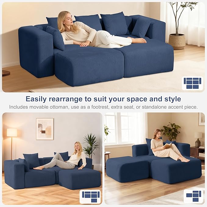 Redlife 117” Modular Sectional Sofa with Ottoman L Shaped Modular Couch Large Sectional Couches Corduroy Combination Sofas for Living Room Apartment Bedroom No Assembly Required Blue