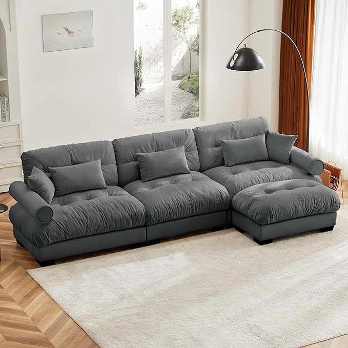 KEIKI 130 L-Shaped Oversized Velvet Modular Sectional Sofa with 1 Ottoman High-Density Foam Cushions and Bolstered Armrests Upholstered 3-Seater Cloud Couch with 5 Pillow for Living Room Grey