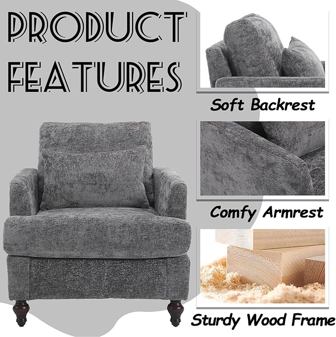 Oversized Accent Chair with Lumbar Pillow Upholstered Side Chairs for Living Room Bedroom Comfy Reading Chairs for Adults with Wide Seat Thick Cushion Soft Chenille (Grey)