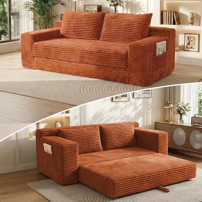 73 Convertible Sofa Bed 2 in 1 Folding Couch Bed Boneless Couch in a Box Cloud Loveseat Sleeper Fold Out Comfy Floor Futon Sofa with 2 Pillows for Living Room Bedroom No Assembly (Orange 73)