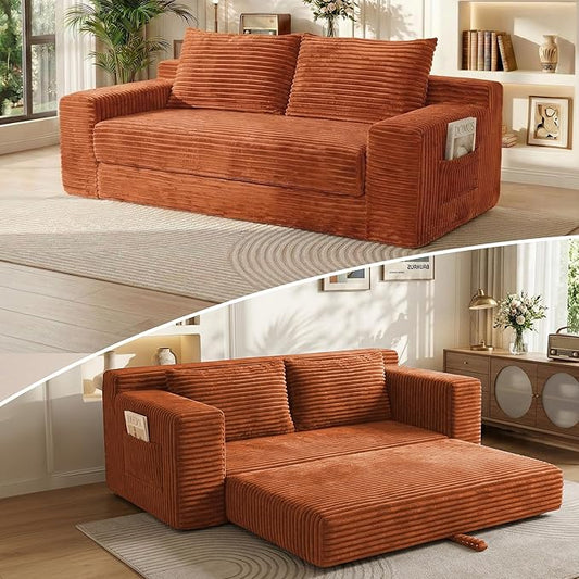 73 Convertible Sofa Bed 2 in 1 Folding Couch Bed Boneless Couch in a Box Cloud Loveseat Sleeper Fold Out Comfy Floor Futon Sofa with 2 Pillows for Living Room Bedroom No Assembly (Orange 73)