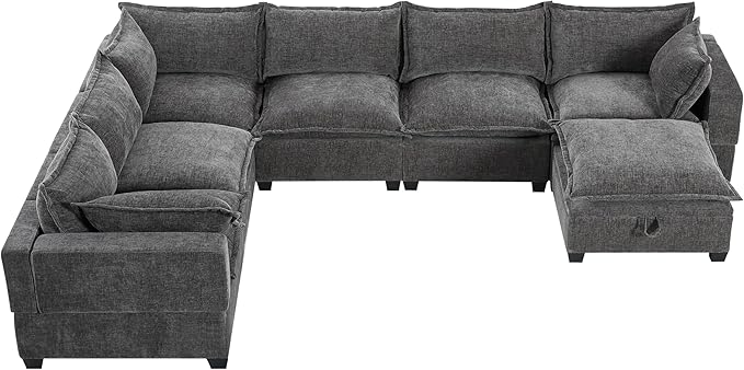 Merax Modern Oversized U-Shaped Sectional Sofa with Piollows &amp Chaise Lounge Chenille 7-Seat Couch Set Sleeper Bed with Storage Ottoman for Living Room Gray