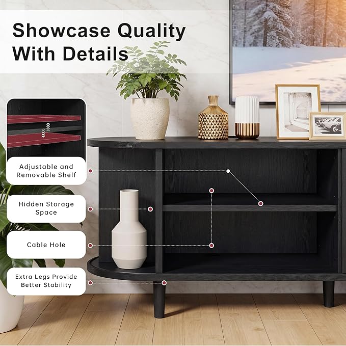 58 Mid Century Modern TV Stand Wood TV Consoles with Sliding Doors and Power Outlet Fluted Entertainment Center with Adjustable Shelves Media Console for Living Room Black
