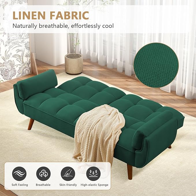 75 Convertible Futon Sofa Bed Sleeper Couch Bed with Adjustable Backrest Small Couches for Small Spaces Living Room Bedroom and Office (Green)