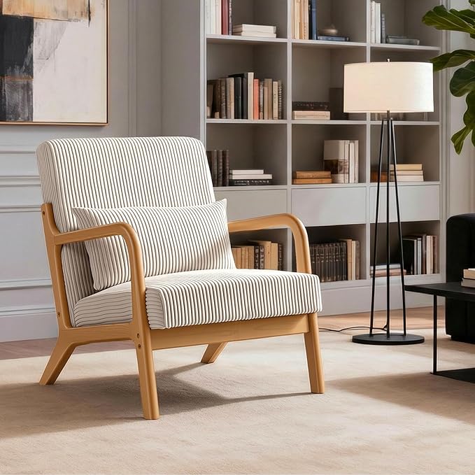 Accent Chair Comfy Arm Chair with Solid Wood Frame Upholstered Mid-Century Modern Chair for Living Room Bedroom Waiting Room Beige