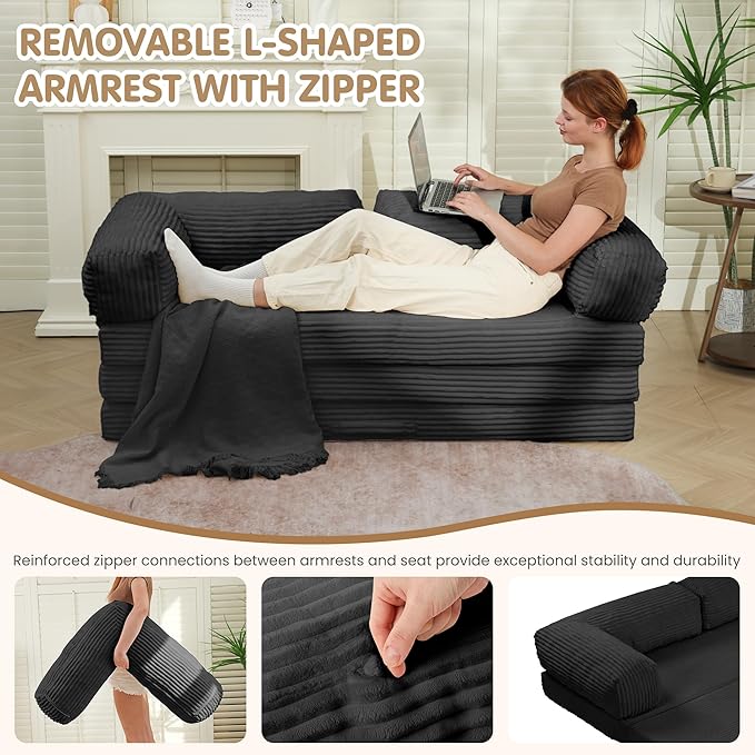 Convertible Sofa Bed King5-in-1 Folding Boneless Couch Corduroy Futon Sofa BedTri-Fold Mattress with Removable Armrests &amp HandleSleeper with Pull Out Bed for Small Space Living Room Bedroom