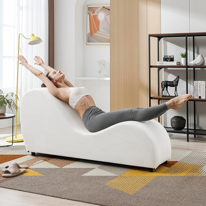 BALUS 60.6 W Yoga Sofa Chaise Lounge Chair for Adults Ergonomic S-Shape Yoga Chairs Indoor for Living Room Relaxing Modern Velvet Chaise Lounges Chair for Small Space Stretching Exercising - Beige