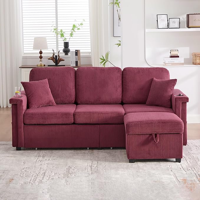76.8 L-Shaped Sleeper Sofa with Storage Ottoman USB Ports Cup Holders&ampLED Lights Side Pockets Comfy Corduroy Modern 3-Seater Small Couch Bed for Living Room with 2 Throw Pillows (Wine Red)