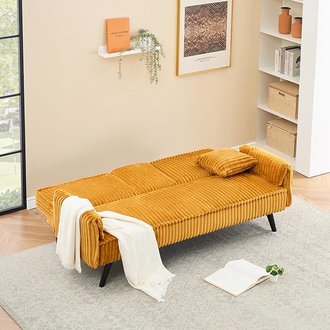 72 Modern Corduroy Sofa Bed FutonConvertible Sleeper Couch Bed with Cup Holder4 Reclining PositionsFolding Sofa Cloud Loveseat for Small Living Room Apartment Office (Orange-New)