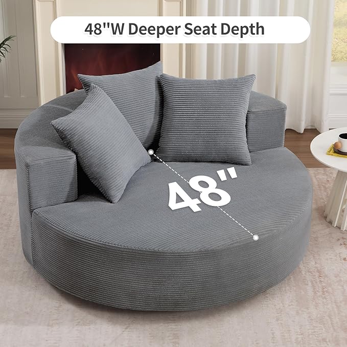 CANMOV Oversized Round Swivel Chaise Longue Chair Indoor Upholstered Corduroy Deep Seat Cloud Large Circle Sofa Chair Modern Single Cloud Sofa Bed for Living Room Bedroom Apartment Office Dark Gary