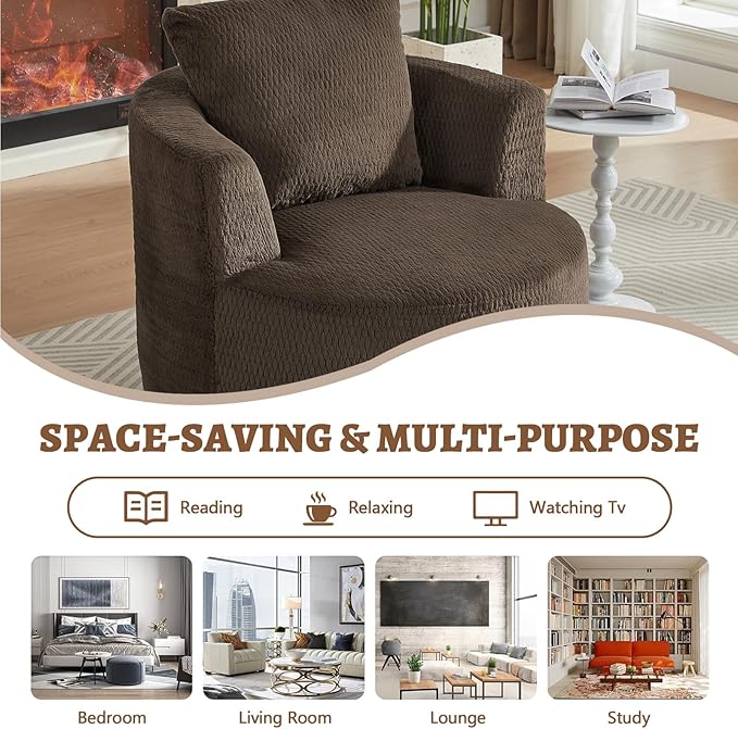 39.4 Wide Swivel Accent Chair Modern 360° Rotating Barrel Chair with Metal Base Club Single Sofa Chenille Armchair for Living Room Bedroom Reading Room Office (Dark Brown)