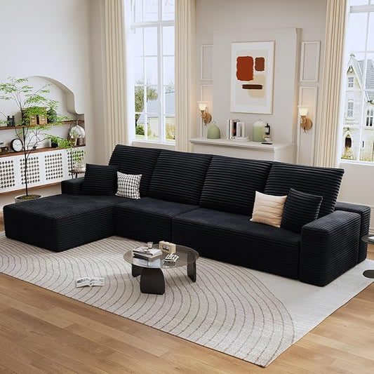 135 Modular Sectional Sofa Modern Corduroy L Shaped Cloud Couch with Chaise Lounge Boneless Upholstered Couches with Deep Seat for Living Room No Assembly Required (Black Left Facing Chaise)