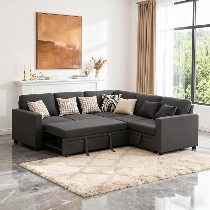 Sectional Sleeper Sofa with Pull Out Bed L Shape Convertible Couch with Storage Chaise Comfy Sleeper Couch 2 in 1 Pull Out Sofa Bed with 5 Seats for Living Room Apartment Black Gray