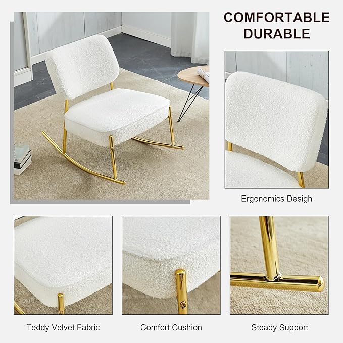 Teddy Suede Material Cushioned Rocking ChairUnique Rocking ChairCushioned seat White Rocking Chair with backrest and Golden Metal Legs. Comfortable Chairs in Living Room