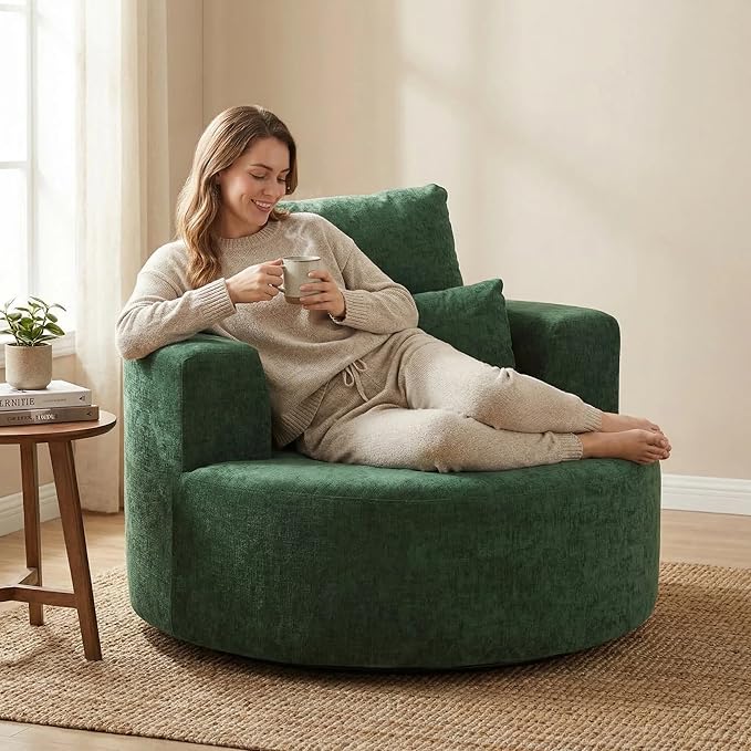 Furnimart 40 Oversized Barrel Accent Chair Set of 2 360° Swivel Round Upholstered Sofa Chenille High-Resilience Sponge No Assembly Wide Seat for Living Room Bedroom Apartment (Green)