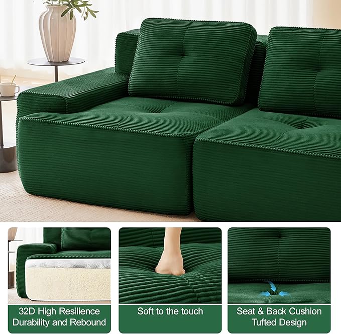 150.4'' Sectional Sofa 32D Foam Corduroy Boneless Couch with Pillow Deep Seat Wide Arm Sectional Couch for Apartment Living Room Bedroom