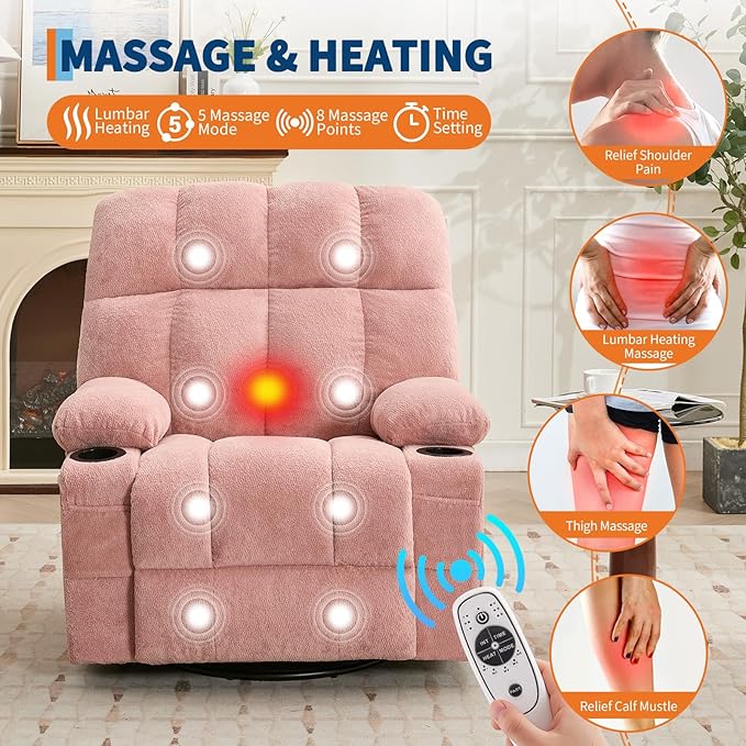 IDEALHOUSE Rocking Recliner Chair with Heat 38.5 Oversized Swivel Rocker Recliner with Massage Side Pockets &amp Cup Holders Reclining Sofa for Living Room Bedroom (Pink Linen)
