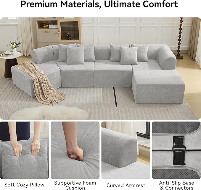 140''Oversized Cloud Velvet Curved Sectional Couch Boneless Couch with L-Shape Chaise Upholstered Compression Memory Foam Modular Sectional Sofa for Living Room No Assembly Required Grey