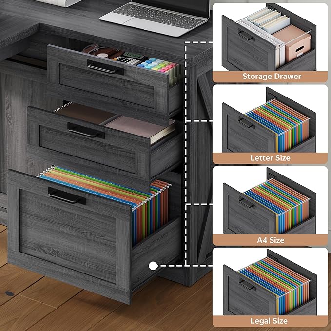 Farmhouse L Shaped Office Desk with Drawers 78 Inch L Shape Desk Executive Office Desk with File Cabinet Storage Shelves and Power Outlets for Home Office Dark Grey