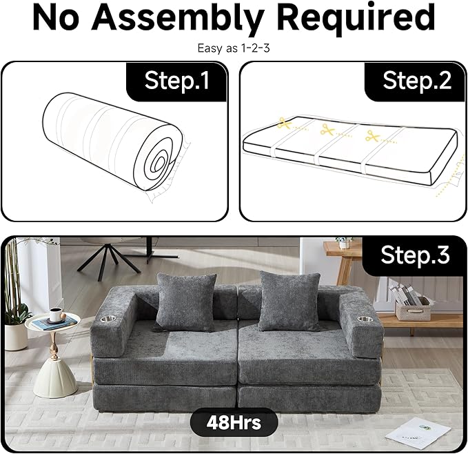 Convertible Sleeper Sofa Bed – 77'' 3-Seater Futon Couch with Corduroy Upholstery Pull-Out Floor Bed High-Density Foam No Assembly Perfect for Living Room Bedroom Apartment Studio (Grey)