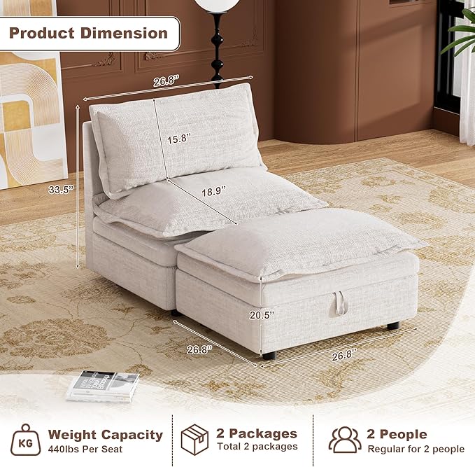 Oversized Armless Sofa with Ottoman Chenille Upholstered Chaise Lounge Comfy Armless Accent Chair and Ottomans with Storage Reading Chair with Ottoman for Living Room Bedroom Beige