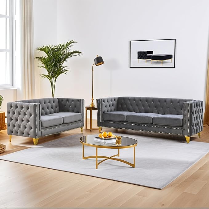 2 Piece Chesterfield Velvet Combination Sofa Set for Living Room3-Seater and Loveseat Sofa Set Tufted Couch with 4 PillowsRolled Arms and Nailhead for Living Room Bedroom Office Grey