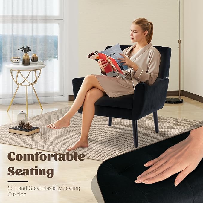 Modern Accent Chair Velvet Upholstered Armchair with Thick Padding Fluffy Comfy Reading Chair Cozy Living Room Chair with Black Wood Legs Single Sofa Chair for Home Office Bedroom Black