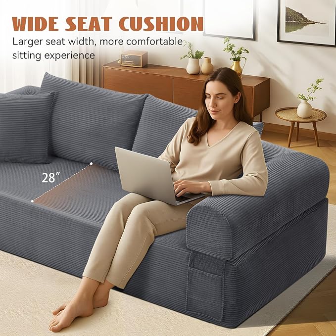 83 Sofa in a Box 3 Seater Couch No Assembly Boneless Sofa Bed with Cushion Back 2 Pillows Deep Seat Corduroy Fabric Side Storage Pockets for Living Room Bedroom Apartment Office Deep Grey