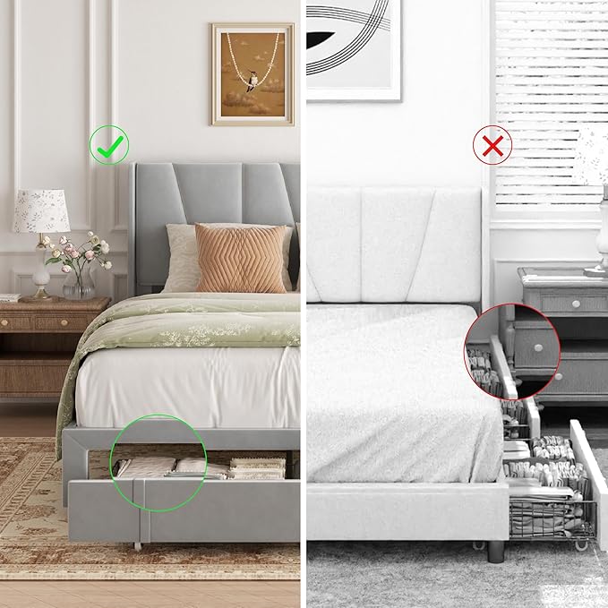 Full Bed Frame with Storage Drawers Upholstered Full Size Platform Bed with 47 Tall Headboard and Wingboard No Box Spring Needed Noise Free Easy Assembly Wooden Support Slats Light Grey