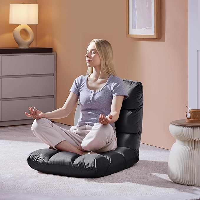 Yaheetech Floor Folding Chair with Back Support Padded Folding Gaming Sofa Chair with 14 Adjustable Backrest Adults Couch Recliner Floor Seating Lounge Chair Armless Meditation Chair Gray