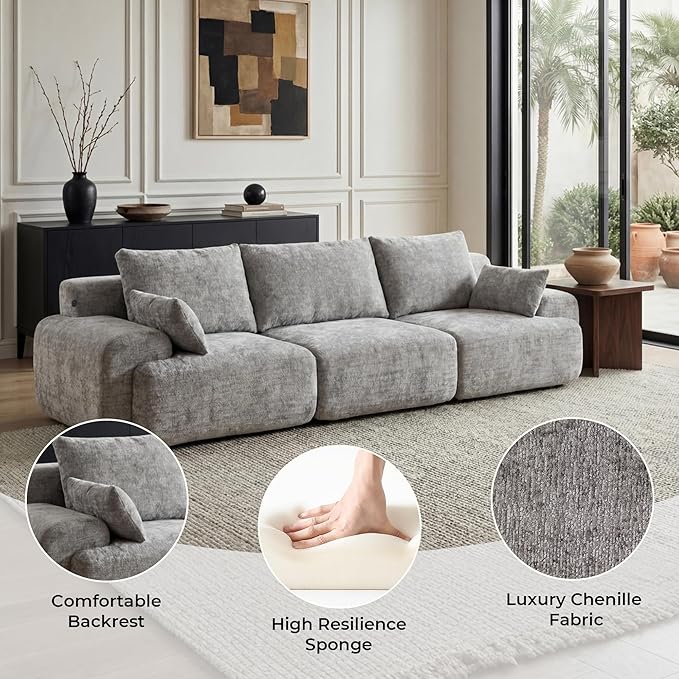 WELAX 114 Sectional Couches for Living Room Boneless Couch L-Shape with Pillows &amp Ottoman Modular Chenille Cloud Sofa 4 Seater Home Comfy Sofas for Apartment Grey