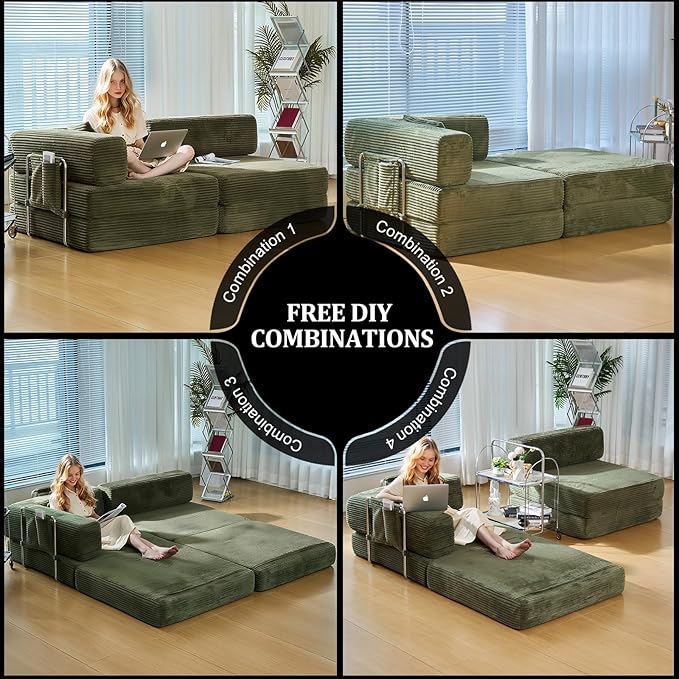 Convertible Sleeper Sofa Bed Corduroy Upholstered Green Modular Floor Couch Queen/King Size Foldable Futon with Memory Foam for Apartment Living Room Bedroom (Off White) (single-sided armrest 80.15)