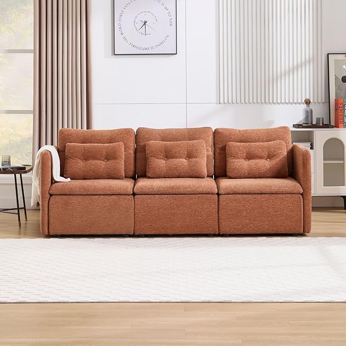 LukeAlon L Shaped Modular Sectional Sofa Couch with Ottoman Modern 3 Seater Chenille Sofa Set with Pillow 82.5 Upholstered Lounge Sleeper Sofa Couch for Living Room Apartment Office Light Brown