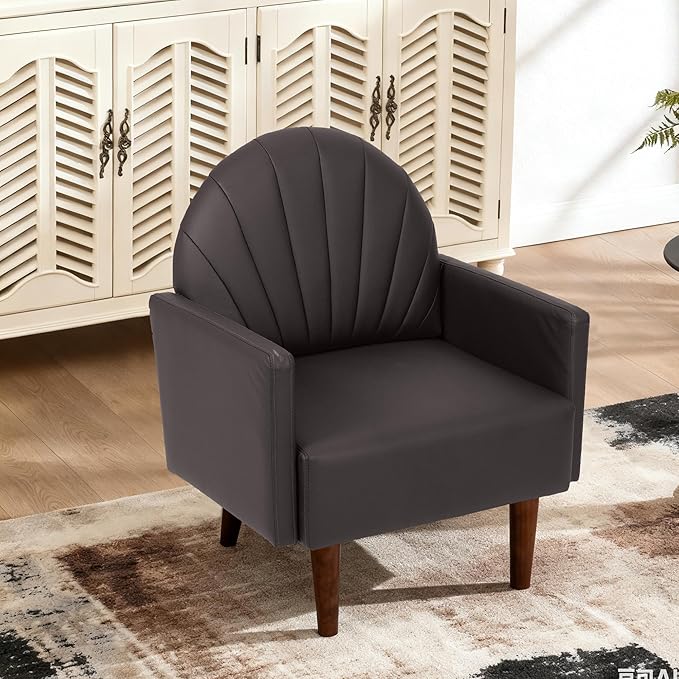 Mid-Century Accent Chair Faux Leather Armchair - Shell-Shaped Back Waterproof PU Leather Modern Retro Lounge Chair for Living Room Office Bedroom &amp Waiting Room