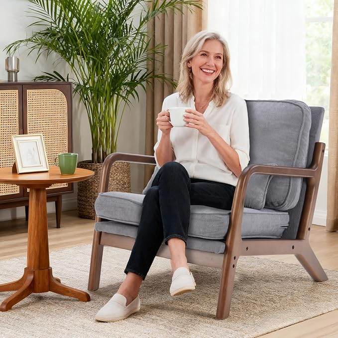 DUMOS Mid Century Modern Chair Set of 2 Accent Chair with Arms and Waist Cushion Reading Chairs for Adults Lounge Chair for Living Room and Bedroom Solid Wooden Frame Grey