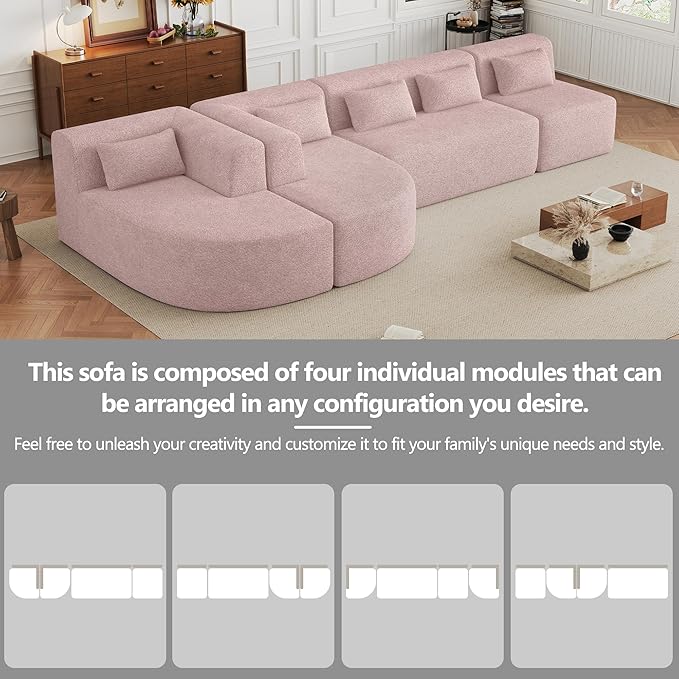 Modern 143.7 Upholstered Sectional SofaFree-Combined Sofa Couch with Two Chaise Lounge and Five Back Pillowsfor Living Room Bedroom (Pink#4)