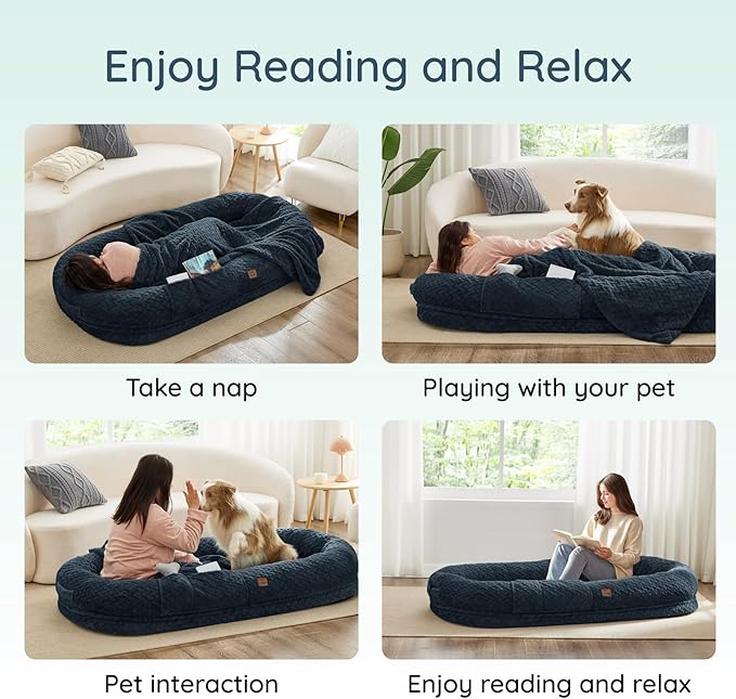 Human Dog Bed for Adult - Luxury Faux Fur Giant Size Dog Bed with Portable Handle Egg Orthopedic Foam with Blanket 72x40x10 Navy