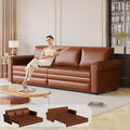 JOYBASE Pull Out Sofa Bed King-Size Convertible Sleeper Sofa Modern 3-Seater Faux Leather Couch with Nailhead for Living Room Office Apartment (Light Brown)