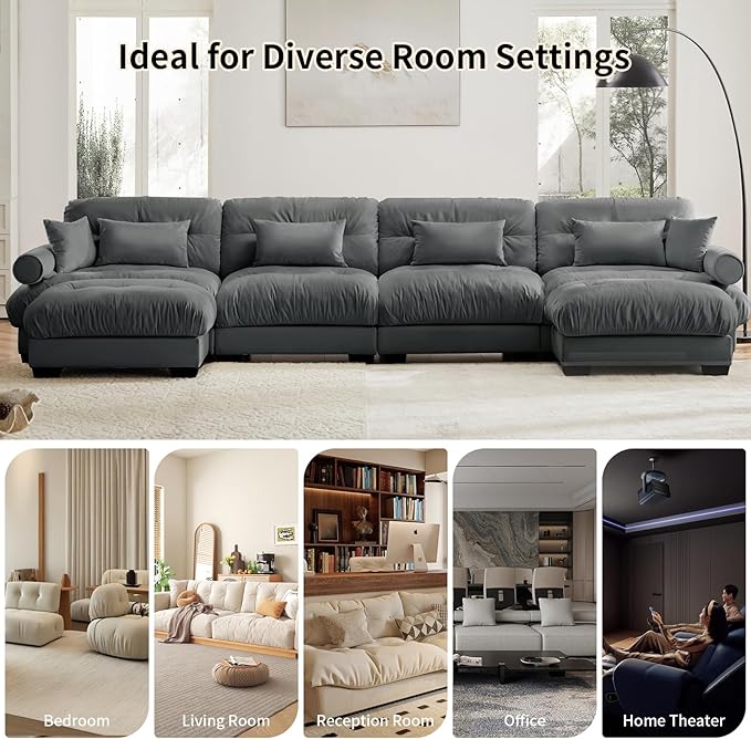 130 Large Sectional Couches for Living Room Cloud Modern Modular Deep Seat Sofa Set Comfy Couches with 2 Ottomans Velvet Fluffy 3 Seater Sofas for Bedroom Apartment U Shaped Grey