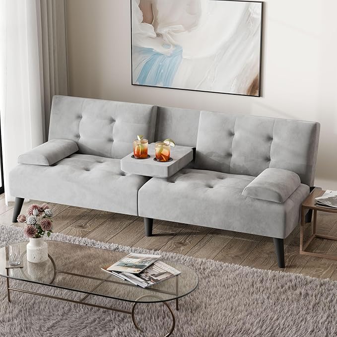 Nuturelly Convertible Sofa Bed Futon Couch Small Velvet Sleeper Sofa with Removable Armrests and Folding Cup Holders Upholstered Loveseat for Small Spaces Apartment Living Room(Light Gray)