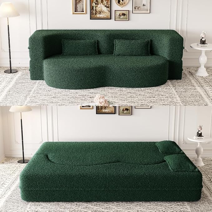 Convertible Sofa Bed Full Size｜78 Sleeper Couch with 2 Pillows｜Boucle Fabric Folding Sofa Bed｜High-Density Foam｜No Assembly｜Space-Saving｜for Living Room Guest Room｜Green
