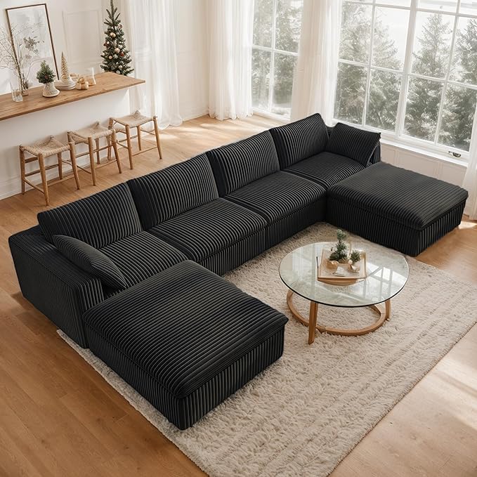 157.6 Modular Sectional Sofa Cloud Couch with 2 Ottoman Modern Boneless Couch with Plush Corduroy Fabric No Assembly Fluffy Deep Seat Upholstered Sofa for Living Room (Black U Shape)