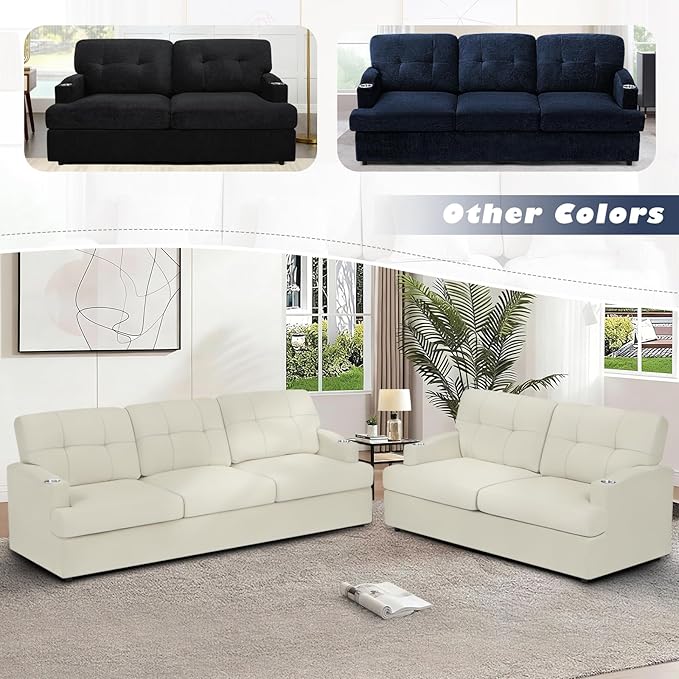 Chenille Modern Sofa Set with Cup Holder Tufted Upholstered Couch and Lovesaet with Thickened Cushions Comfy 3 Seater and 2 Seater Sofa with Deeper Seat for Living Room ApartmentBeige