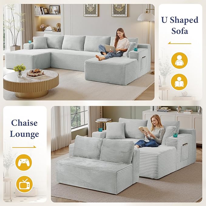 134''Oversized Modular Sectional Sofa Boneless Cloud Couch with Chaise Comfy Sectional Couches for Living RoomBedroomApartment (Light Grey 134''W U-Shaped)