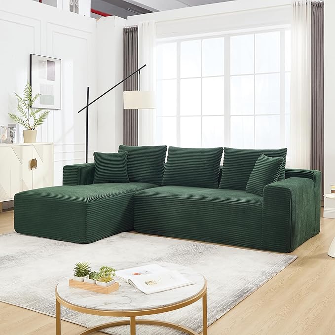 108.7'' Sectional CouchL Shaped CouchPlush Corduroy FabricUpholstered Couches for Living Room BedroomNo Assembly Required(Left Facing Chaise) Green