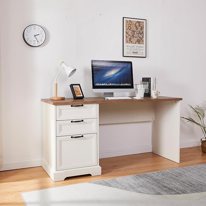 60 Farmhouse Executive Desk with Charging StationHome Office Desk with 2 Drawers &amp1 File CabinetWood Work Desk for Office and Home