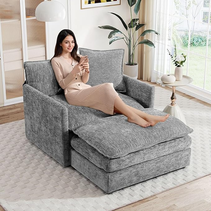 Oversized Chaise Lounge Chair Indoor Modern Comfy Chenille Cloud Accent Chair and A Half with Ottoman Single Deep Seat Sofa Couch Reading Armchair for Living Room Bedroom Apartment Light Gray