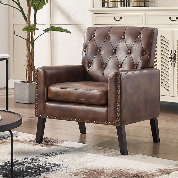 Mid Century Modern Accent Chair Dark Brown Faux Leather Office Chair for Reception - Tufted Leather Club Chair for Living Room Bedroom or Waiting Room