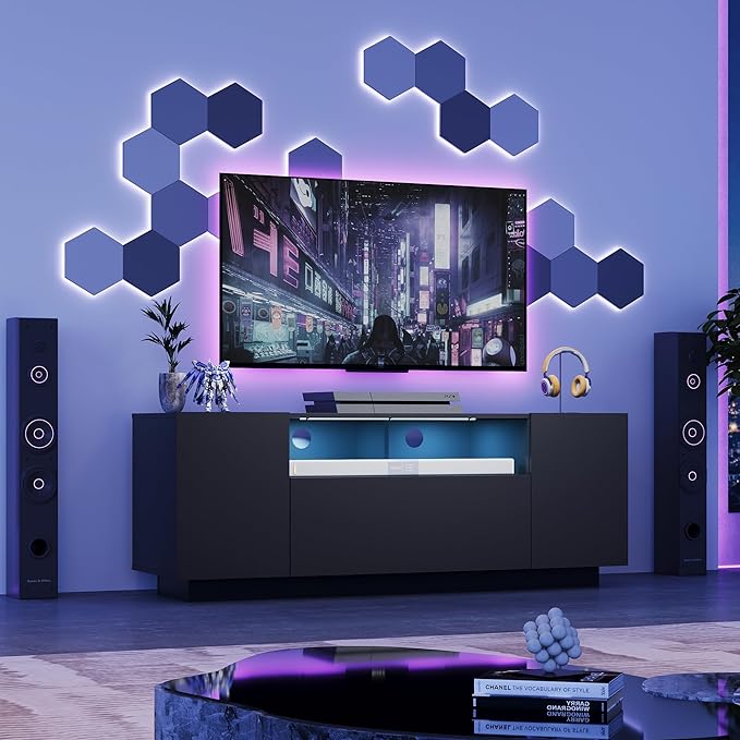 WLIVE TV Stand with LED Lights &amp Large Storage Cabinet Modern Entertainment Center for 32/43/50/55 Inchs TVs Sturdy Media Console for Living Room BedroomGaming(Black)