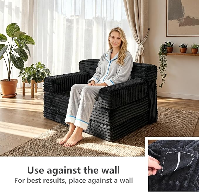 Folding Sofa BedConvertible Sofa Bed with Armrest Foldable Sleeper Chair Portable Folding 4-in-1 Floor Sofa with Convertible Lounge Chair for Living RoomBedroomWashable CoverBlack Single